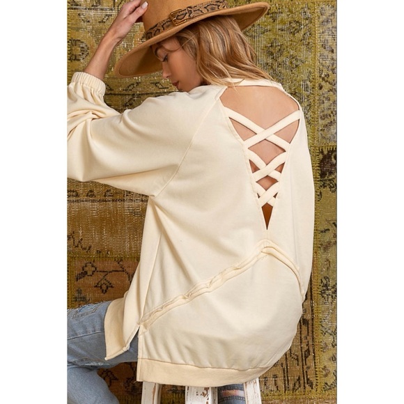 POL Cream Criss Cross Back Slouchy French Terry Pullover - Picture 8 of 10